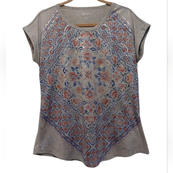 Style & Co. Tops - Style & Co.  -NWOT, Gray Shirt W/ Red,Blue,& Silver Floral Print, Short Flutter